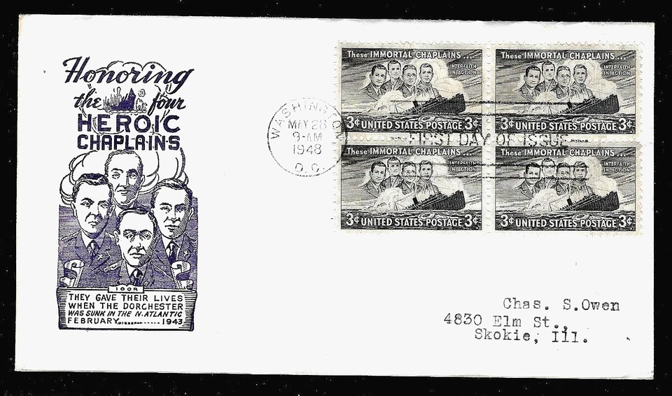 956 3c Stamp (1948) BENEVOLENT WWII FOUR CHAPLAINS FDC FROM HARRY IOOR - BLOCK - Image 1 of 1