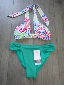 M&S MARKS & SPENCER GREEN MULTI MIX BIKINI SIZE 10 TOP SIZE 10 HIPSTER BOTTOMS - Picture 1 of 4