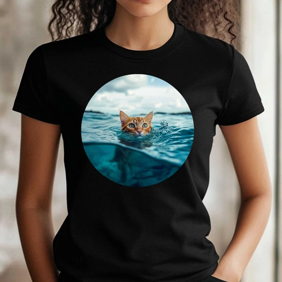 Frauen T-Shirt Katze im Meer Motiv Baumwolle Größe S bis 3XL - Bild 1 von 1