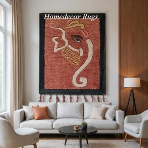 Indian  Ganesha Wall Hanging Carpet - Red and Gold Handmade Decorative Rug - Picture 1 of 1
