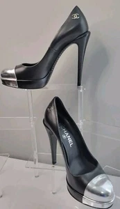 CHANEL klassische schwarze Escarpins silber Leder Cap Toe Pumps/Absätze/Schuhe Gr. 38 - Bild 1 von 12