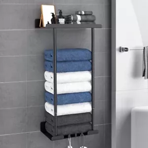Towel Holder Rack Bathroom Storage Rack Wall Mounted Quality Black Finish - Picture 1 of 7