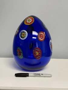 Large 9.5” Murano Art Glass Blue Millefiori Vtg Floral Egg Italy Studio Cobalt - Picture 1 of 12