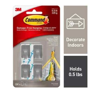 Command Small Stainless Steel Metal Adhesive Hooks New 4 Hooks, 5 Clear Strips - Picture 1 of 4