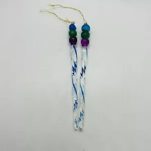 2 Hand Blown Twisted Art Glass Finial Icicle Christmas Ornament Multicolor Blue - Picture 1 of 3