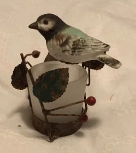 Bird sitting on branch and glass tealight candle holder - Picture 1 of 3