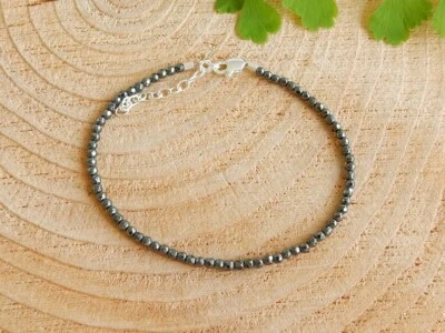 Dainty 2-3MM Black Hematite Faceted Round Gemstone Beads Unisex Bracelets 6-8'' - Image 1 of 4