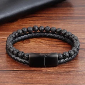Lava Rock Beads Stone Men's Leather Braided Bracelet Bangle Magnetic Clasp - Picture 1 of 5