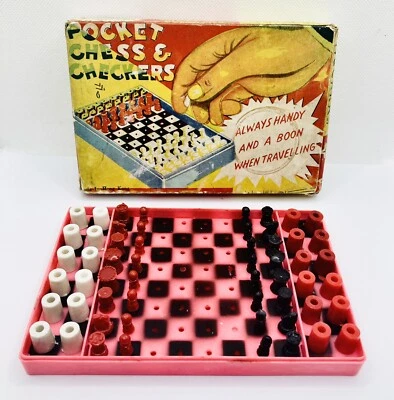 Vintage Pocket Travel Chess and Checkers Game Set Made in Hong Kong - Image 1 of 4