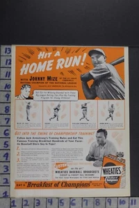 1940 BÉISBOL DEPORTIVO JOHNNY MIZE ST LOUIS CARDINALS DESAYUNO DE COLECCIÓN ANUNCIO EF099 - Imagen 1 de 1