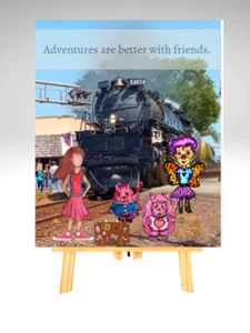 ACEO Photo Art Cat Drawing & Steam Engine Train w/ His Friends Adventure Travel - Picture 1 of 6