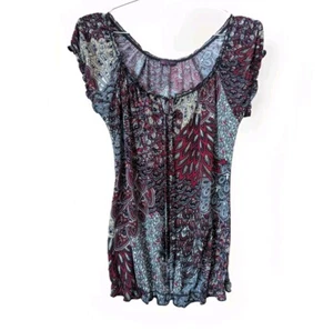 Agenda Bohemian Paisley Floral Tie Front Ruffled Top Size M - Picture 1 of 10
