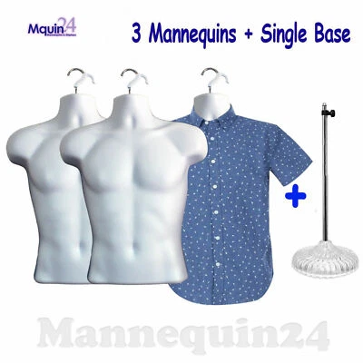3 Pack Male Torso Dress Body Form Mannequins White with 3 Hangers and 1 Stand   - Image 1 of 4