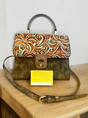 PATRICIA NASH CHAUNY BURNISHED TURQ TOOLED LEATHER SATCHEL PURSE CROSSBODY EXC - Image 1 of 4