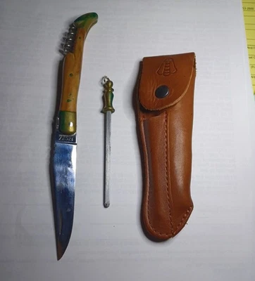 CUCHILLO PLEGABLE LAGUIOLE, MADERA, SACACORCHOS, ESTUCHE EN CUERO PARA CINTURÓN, AFILADOR Foto 1 de 2