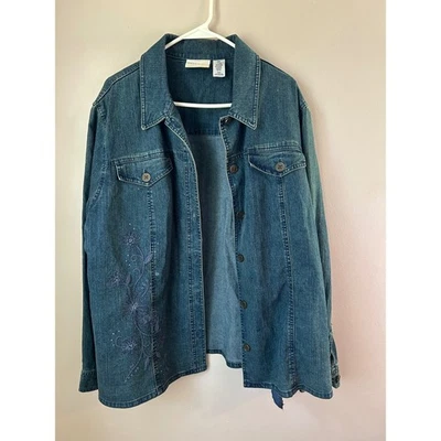 Alfred Dunner Women's Blue Denim Jacket Embroidered Floral Accents Size 18W - Image 1 of 4