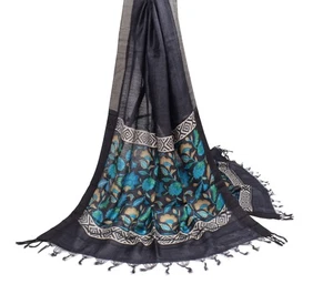 Sushila Vintage Black Floral Dupatta Pure Woolen Printed Woven Soft Long Stole - Picture 1 of 9