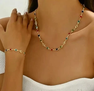2pcs Jewelry Set, Necklace ,Bracelet Charming Colorful Crystal, Round Decorat - Picture 1 of 4