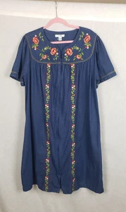 Go Softly House Dress XL Denim Blue Embroidered Floral Zip Patio Grandmacore - Picture 1 of 7