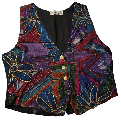 Chaleco dimensional Jane Ashley vintage años 90 pequeño colorido Grannycore  Foto 1 de 4