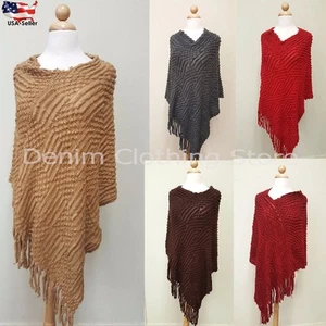 Women's Fringe Poncho Knit Batwing Cardigan Coat Sweater Jacket Outwear Scarf - Picture 1 of 8