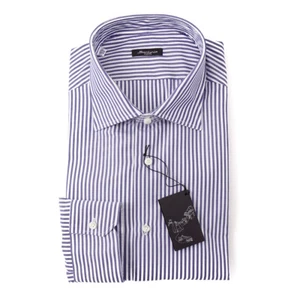 SARTORIO NAPOLI Navy Blue Bengal Stripe Cotton Dress Shirt Slim 18 x 37 NWT - Picture 1 of 4
