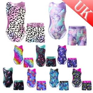 UK Kids Girls Gymnastics Leotard Printed Jumpsuit with Waist Athletic Shorts Set - Picture 1 of 80