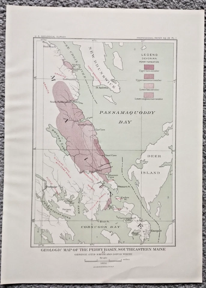 Antiguo mapa geológico de la cuenca de Perry 1906, Maine - Estados Unidos Foto 1 de 1