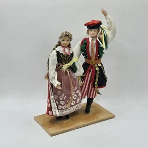 TWO Lowicz Polish Handmade Folk Art Lalki Dolls 10" on Wood Base Dancing Vintage - Picture 1 of 16