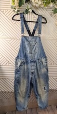 ZARA MAN Men's Overalls Denim Cropped Pockets Medium Wash Distress Size Large
