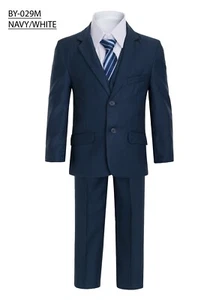 Magen KIDS Boys Navy FORMAL SLIM FIT suit 5 pc set coat,vest,pant,shirt,cliptie  - Picture 1 of 5