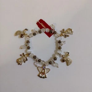 NEW Gold Tone Angels  White Beads Charm Bracelet  Holiday - Picture 1 of 5