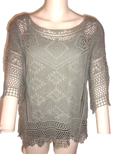 Democracy Top  Attatched Tank Boho Crocheted Gray Flare Sleeve Size Small - Picture 1 of 8