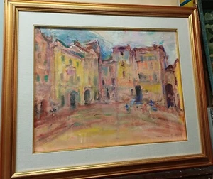 MARIO MICHELETTI OLIO SU CARTONE PIAZZETTA CASA ROMA QUADRO 66X57 CM CON DEDICA - Foto 1 di 9