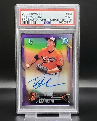 TREY MANCINI (2016) Bowman Chrome RC PURPLE REFRACTOR #SN /250 AUTO [PSA MINT 9] - Image 1 of 4