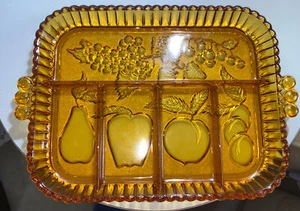 Vintage Indiana Glass Amber Divided 5 Part Relish Serving Dish Fruit Design - Picture 1 of 8