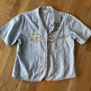 Teddi Denim Shirt Women Size PM Embroidered Short Sleeve Button Cottage Core Vtg - Picture 1 of 6