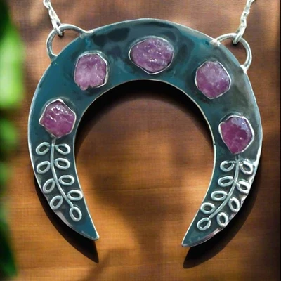 Handmade Oxidized Sterling Silver Crescent Moon Necklace w Rough Ruby Gemstones - Image 1 of 4