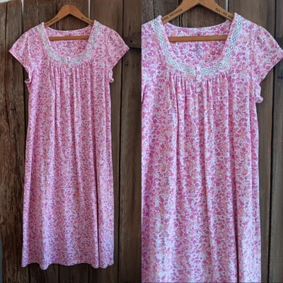 Croft & Barrow Pink Floral Nightgown Lace Trim Knit Cotton Blend Midi Womens M - Image 1 of 4