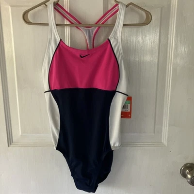 Women’s NWT~Nike Swim Sz 8~One Piece Swim Suit~Padded Racer Back~Pink Navy White - Image 1 of 4