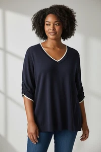 J. Jill Ruched Balloon Sleeve Sweater V-Neck Organic Cotton Blend Classic XL - Picture 1 of 10