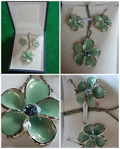 Collana FIORE 🌼VERDE orecchini argento catenina strass BLU pietre SMALTO parure - Foto 1 di 6