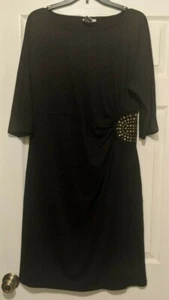 Neu ohne Etikett - Marc Bouwer schwarzes Kleid 3/4-Ärmel geraffte Seite bronzefarben Perlen Large - Bild 1 von 6