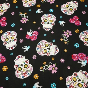Day of the Dead BTY David Textiles Colorful Sugar Skulls on Black with Silver - Picture 1 of 4