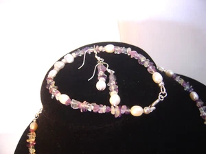 Massives Silber Set: Halskette, Armband & Ohrringe mit echtem Fluorit & Perlen - Bild 1 von 14