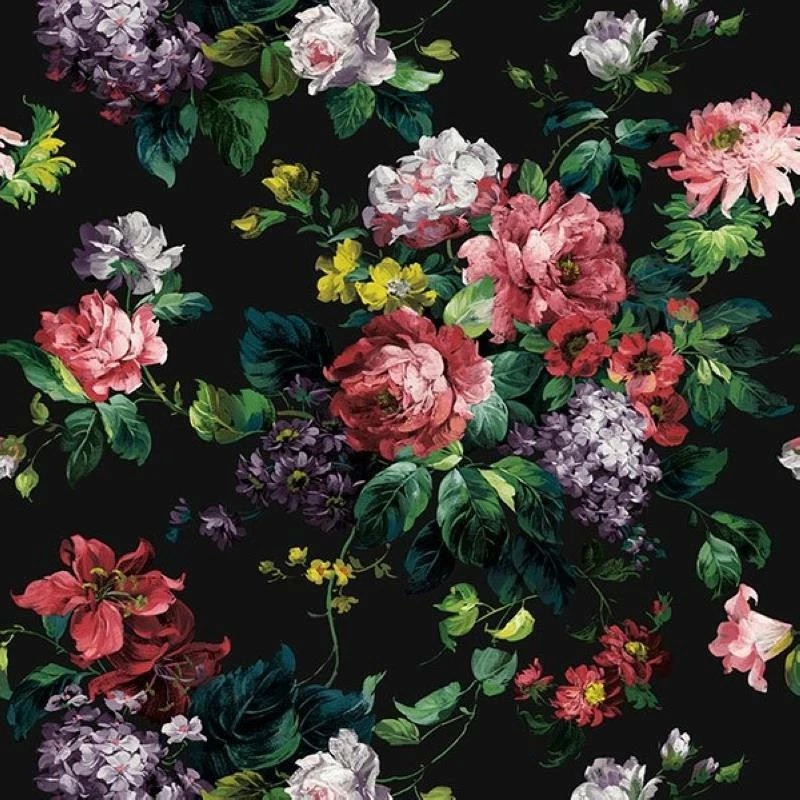 Papel Pintado Pintado Floral Ramo Flores Brillantes en Negro, 60 Pies Cuadrados Pernos Foto 1 de 1