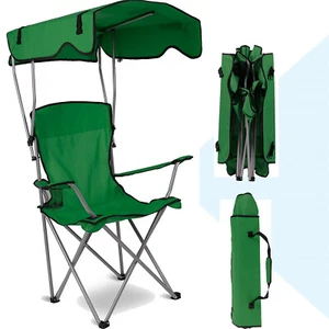 Green Folding Camping Chairs With Canopy Shade Heavy Duty Outdoor Beach Chair - Picture 1 of 15