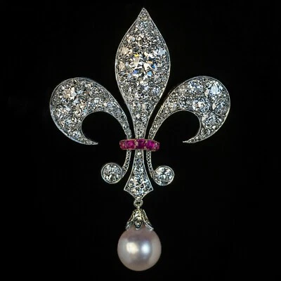 Antique 2Ct Moissanite Pearl & Ruby Fleur-De-Lis Brooch Pin 14k White Gold Over - Image 1 of 4