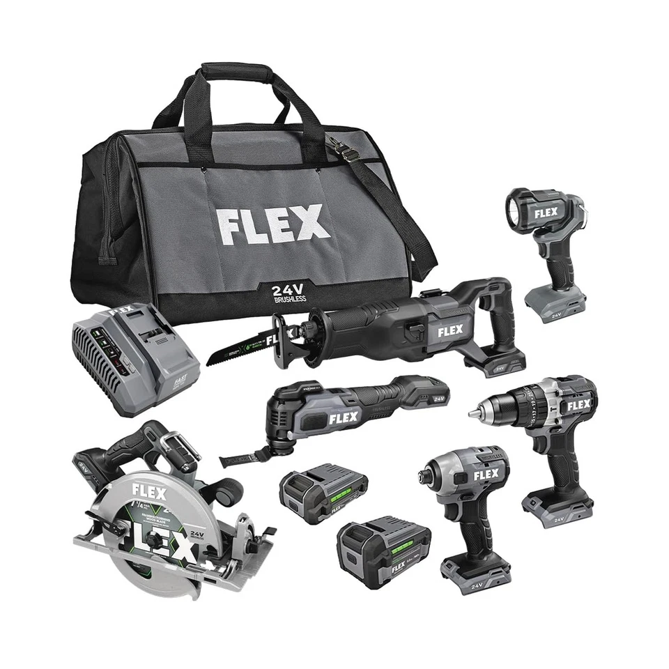 FLEX 24V Brushless Cordless 6-Tool Combo Kit: Hammer Drill, Hex Impact Driver... - Image 1 of 4