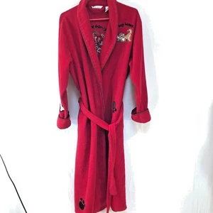 Delicates women’s Robe sz L long Red Over the Edge Stitches Dogs - Picture 1 of 10